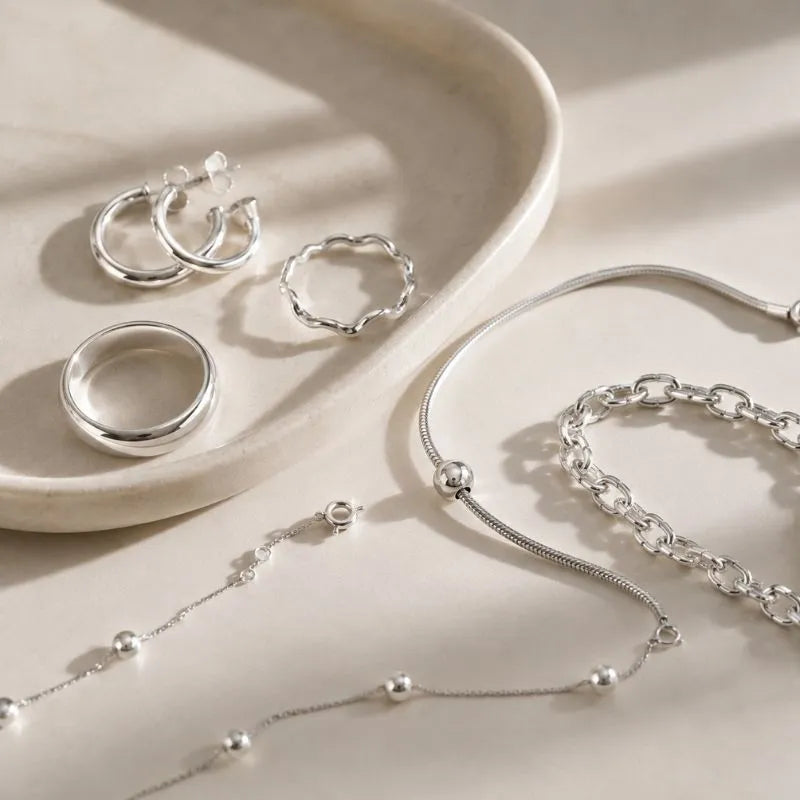 Sterling silver jewellery including rings, bracelets, earrings and necklaces illustrating authentic 925 silver hallmarked jewellery