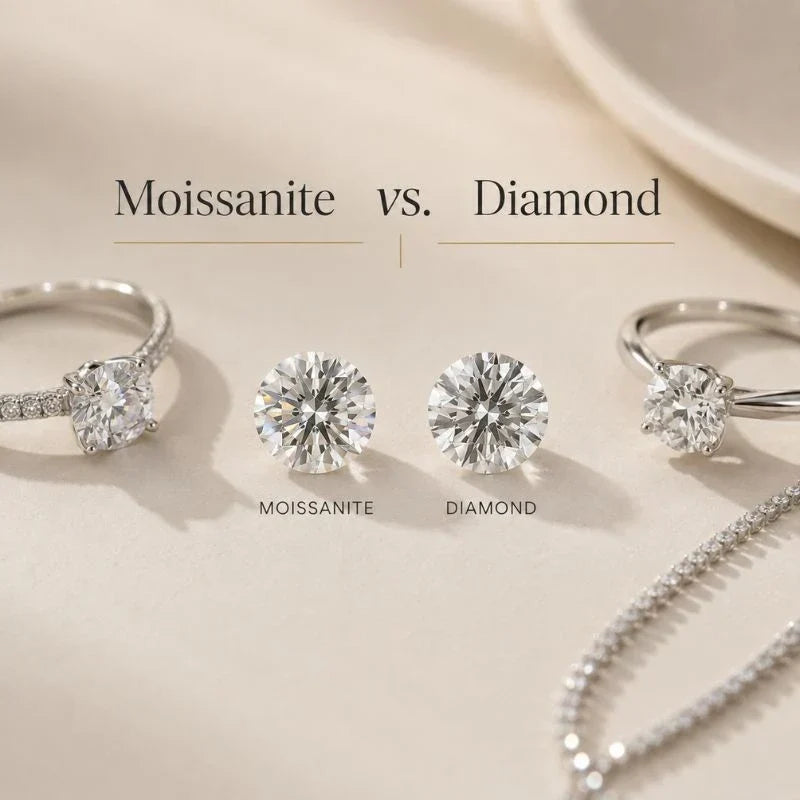 Moissanite vs diamond comparison showing two brilliant gemstones with luxury jewellery, highlighting sparkle, brilliance and key differences
