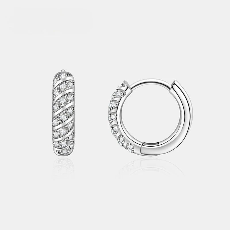 Close-up of premium Moissanite Hoop Earrings in 925 sterling silver featuring brilliant D Colour VVS moissanite stones.