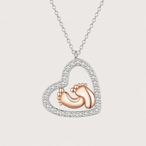 Footprint Heart Necklace crafted in 925 sterling silver with sparkling cubic zirconia