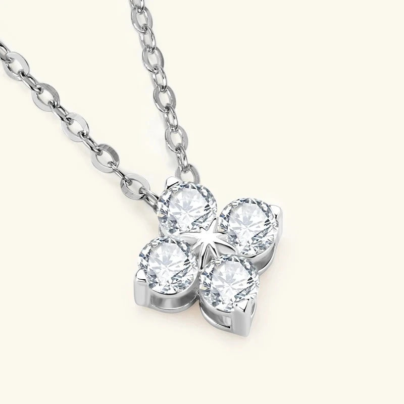Close-up of a four leaf clover moissanite pendant necklace showcasing exceptional brilliance and fine craftsmanship