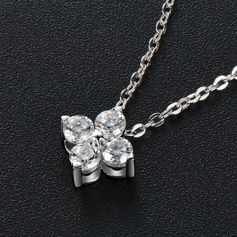 Sterling silver four leaf clover pendant necklace with brilliant moissanite stones for everyday elegance
