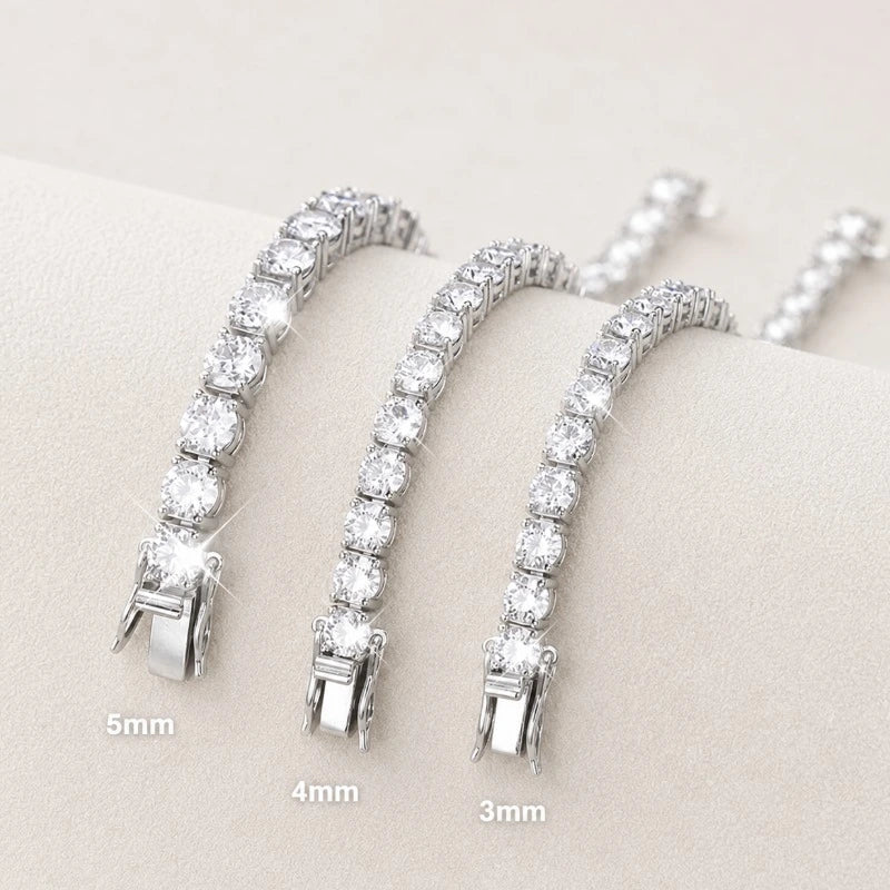 Comparison of 3mm, 4mm and 5mm moissanite tennis bracelet sizes for women.