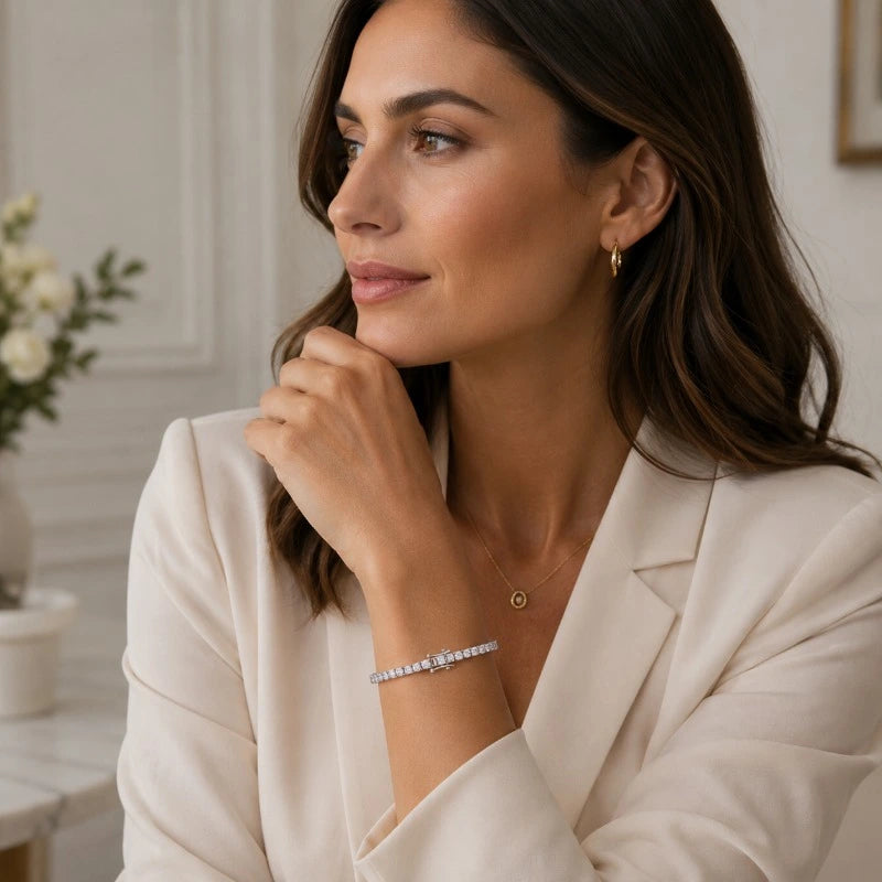 Woman wearing the Aurelia moissanite tennis bracelet on her wrist