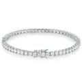 Silver-tone moissanite tennis bracelet styled against a dark background