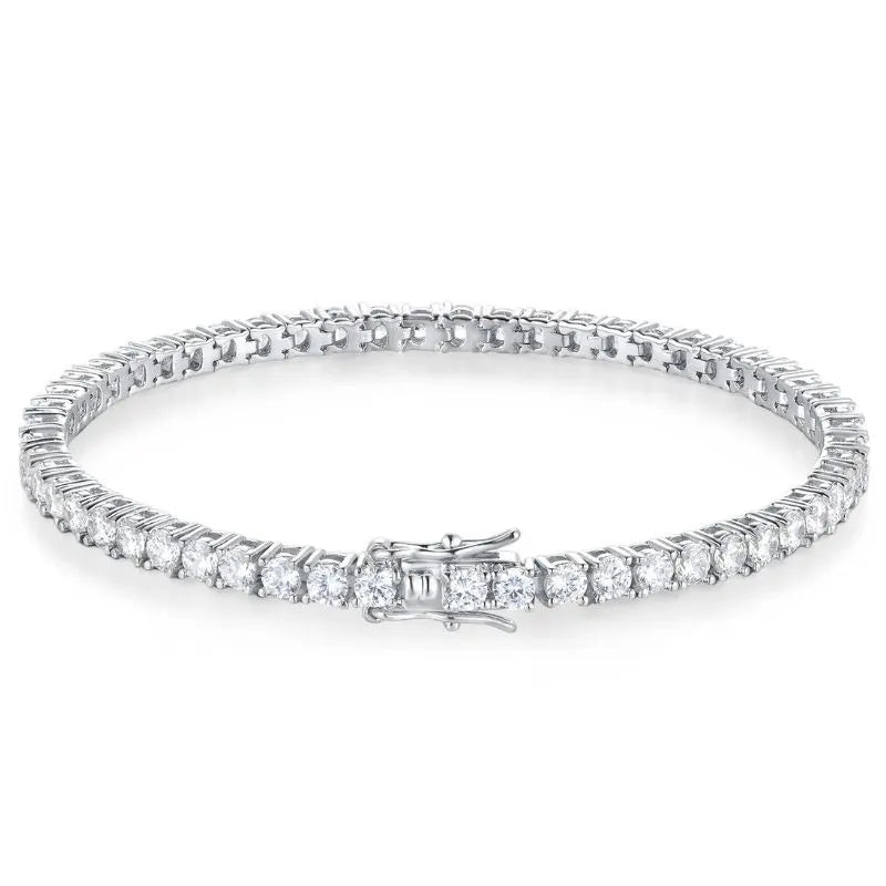 Silver-tone moissanite tennis bracelet styled against a dark background