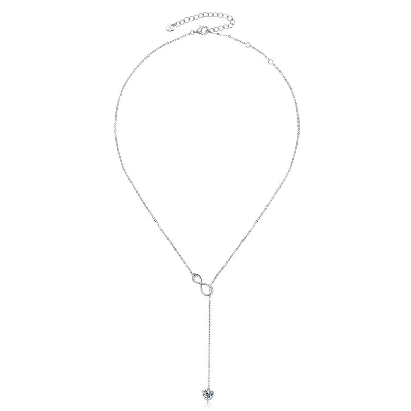 Sterling silver infinity necklace featuring a pavé infinity symbol and sparkling solitaire drop
