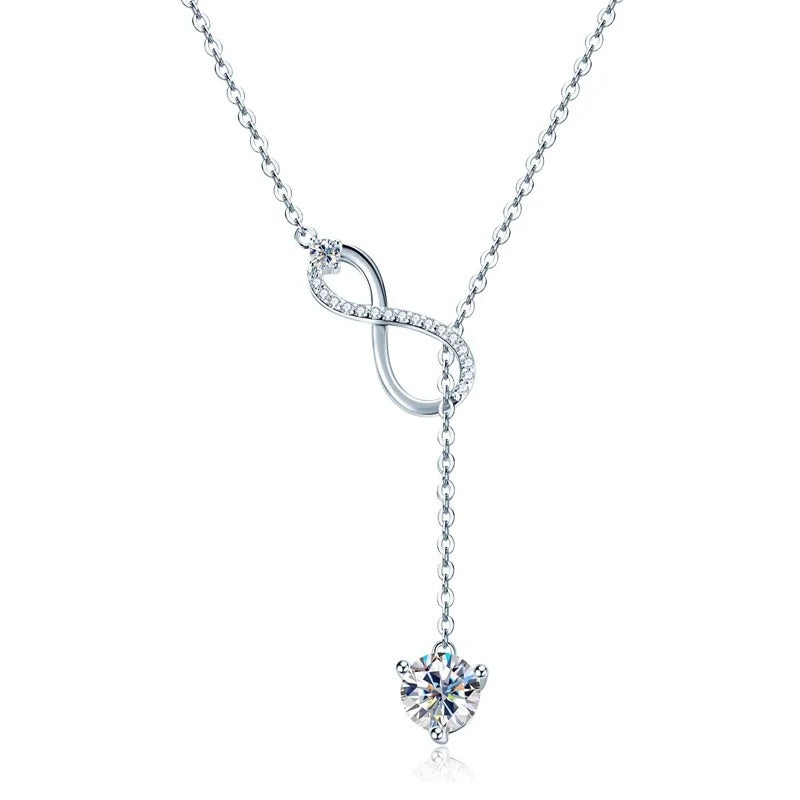 Close-up of an Silver Infinity Necklace showcasing premium moissanite stone
