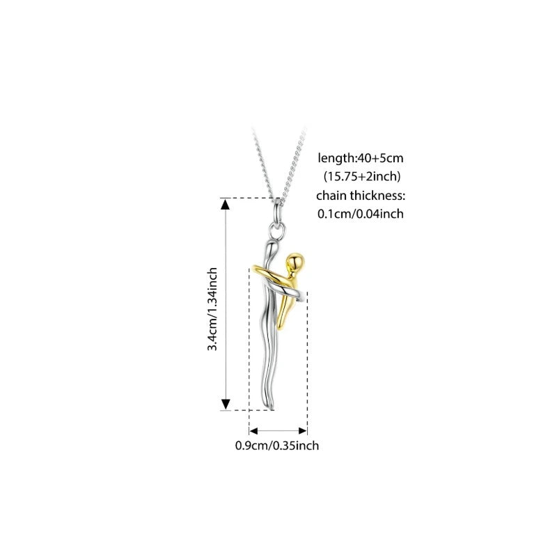 Lenght image of the two-tone sterling silver mother and child embrace pendant