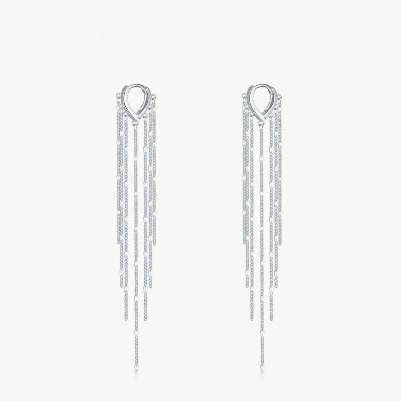 Silver sparkling long tassel hoop earrings crafted from 925 sterling silver with multiple cascading chains