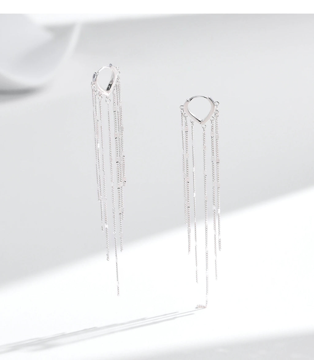 925 sterling silver long tassel hoop earrings with a 95 mm drop and reflective polished chain detailing